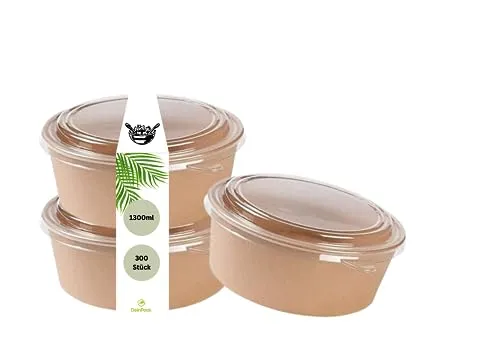 DeinPack 300 Salatschale to go mit Deckel braun rund 1300 ml I Salatschale Kraftkarton Verpackung mit PLA Innenbeschichtung I Deckel aus recyceltem PET