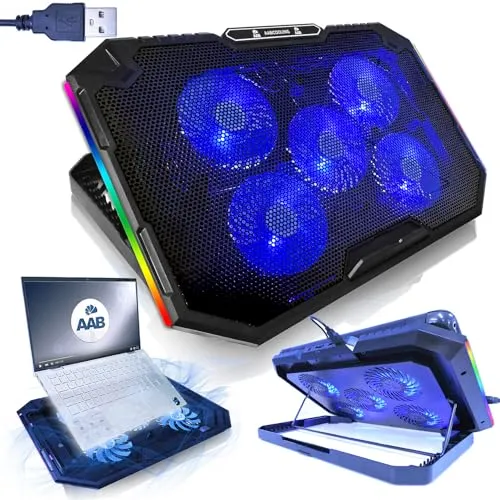 AABCOOLING Elektra - Schneller Kühlvorgang, Leistungsstark, Notebook Ständer mit 5 Lüftern, RGB LED, höhenverstellbare Notebookhalterung, Unterlage mit Kühler, 7-stufige Winkel