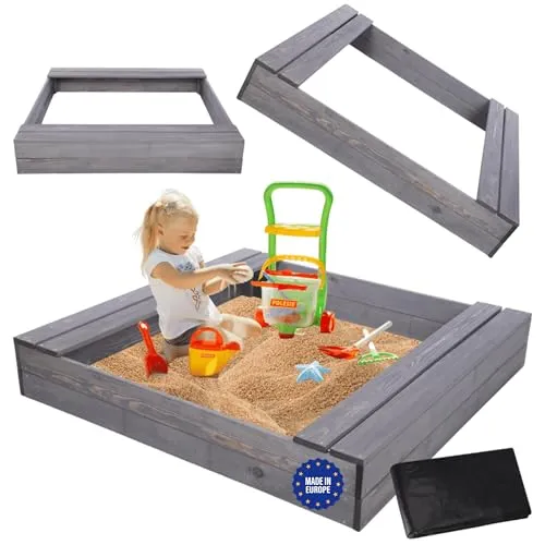 MODO24 Sandkasten mit Sitzbänken – Holzspielzeug für Kinder, 120x117 cm, imprägniert in Grau