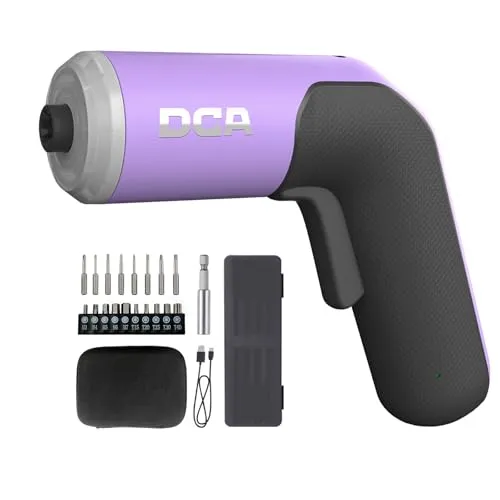 DCA 4V Elektrischer Schraubendreher-Set, 5 N·m mit 2000 mAh Li-Ionen-Akku, 6,35 mm Magnet-Sechskantaufnahme, USB-C Ladekabel, 18 Bits für Möbelreparaturen, Lila