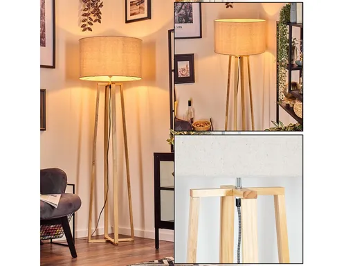 Hofstein Stehlampe mit Holzfuß im Boho-Style - Elegante Stehlampe für den Innenbereich: 158,5 cm hoch, mit einem stilvollen Stoffschirm in Beige und Weiß. Ideal für Wohnzimmer, Schlafzimmer oder Flur, sorgt für eine gemütliche Atmosphäre.