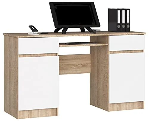 PC-Schreibtisch A5 mit Tastaturablage | Bürotisch mit Stauraum - Schreibtisch mit 2 Schubladen und 2 Türablagen, B135 x H77 x T50 cm, viel Beinfreiheit und pflegeleichte, kratzfeste Oberfläche für ein ordentliches Arbeitsumfeld.