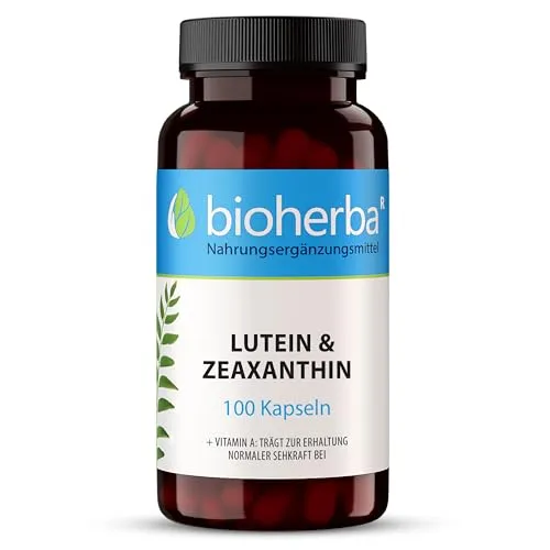 Lutein & Zeaxanthin Komplex – 100 Stück Nahrungsergänzung von BIOHERBA - Antioxidant Lutein mit pflanzenbasierter Formel zur Unterstützung der Augengesundheit, enthält Vitamin A, C und Zink für Zellschutz und antioxidative Wirkung.