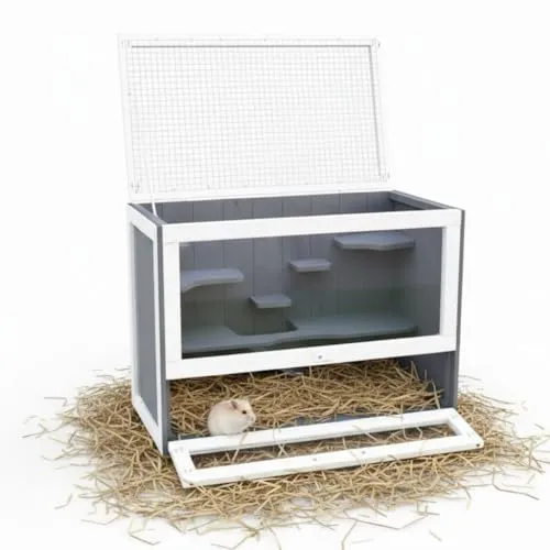 Mucola Kleintierkäfig aus Holz für Hamster und Mäuse - Moderner Nagerkäfig in Grau/Weiß mit 5 Etagen für viel Platz zum Spielen und Entdecken. Plexiglasscheiben ermöglichen eine optimale Beobachtung Ihrer Tiere und der aufklappbare Deckel sorgt für einfache Reinigung.