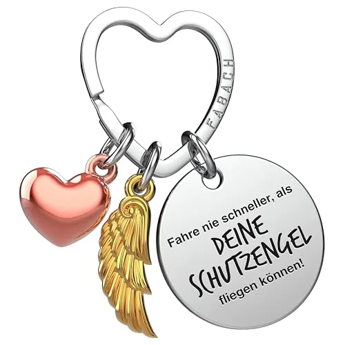 FABACH Fahr vorsichtig Schlüsselanhänger Auto Schutzengel Glücksbringer mit Herz und Gravur - Autofahrer Geschenke Schlüsselanhänger - Führerschein Geschenk Engel Auto Glücksbringer