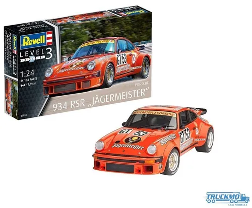 Revell Porsche 934 RSR 1:24 Jägermeister Bausatz - Detailreicher Kunststoffbausatz im Maßstab 1:24 des legendären Porsche 934 RSR, ideal für Modellbau-Liebhaber und Sportwagen-Fans.