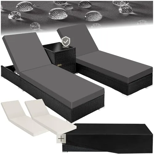 tectake® 2er Lounge Sonnenliegen Set Plus Tisch – Stilvolle Entspannung für Zwei - Gartenmöbel-Set mit 2 Liegen und Tisch, wetterfest und stapelbar. Ideal für Balkon oder Garten, inklusive 2 Bezugsets und Schutzhülle für optimalen Schutz.