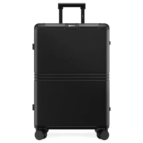 ONYX Hybrid-Pro Koffer Mittelgroß 65x42x28, Leichter 4,8kg Hartschalen-Koffer mit TSA-Schloss Aluminiumverschluss und leisen 360°-Rollen, 70L Reisekoffer aus robustem Polycarbonat, Onyx Black