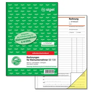 Sigel Rechnungsbuch SD 130 für Kleinunternehmer A5 - Formularbuch A5, selbstdurchschreibend und nummeriert, ideal für Kleinunternehmer. Enthält 2 x 30 Blatt, umweltfreundlich aus nachwachsenden Rohstoffen.