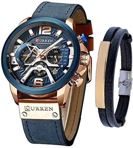 CURREN Herren-Armbanduhr, Quarz, Leder, Chronograph, Armbanduhr und modisches Armband, analoge Uhren für Herren, luxuriöse Armbanduhr, Geschenke für Vater, Freund, blau, Quarzuhr, Chronograph