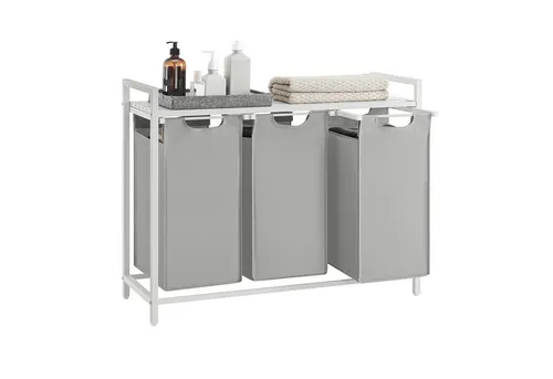 VASAGLE Wäschekorb mit 3 Fächern, Taubengrau - Praktischer Wäschekorb mit 3 Fächern (3 x 38 L) und Ablage, ausziehbar und abnehmbar – ideal für modernes Wohnen und Platzersparnis.