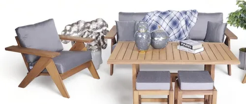 Grau-Braune Polstergarnitur Sofa Set 3+1 - Modernes Gartenmöbel Set - 3-teiliges Lounge Set für Erwachsene: Bequeme Polstergarnitur mit Arm- und Rückenlehne in Grau, ideal für entspannte Stunden im Freien. Inklusive Esstisch für gesellige Runden.