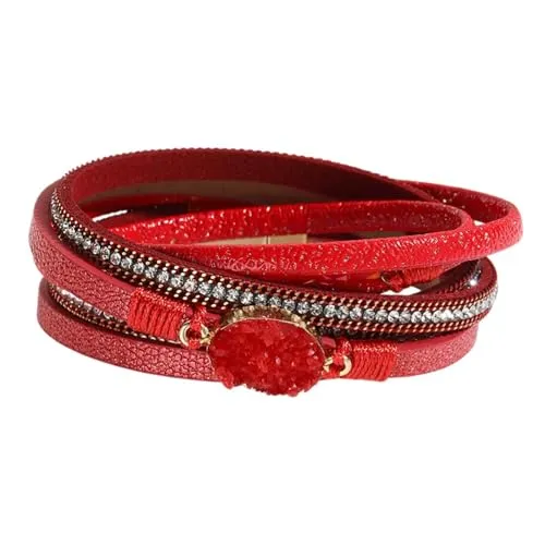 Karma NH10637490 Wickelarmband bunt PU Leder 39 cm Armband Damenarmband Lederarmband modern Magnetverschluss Zirkon Geschenk für Sie (Rot)
