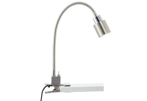 Brilliant LED Klemmleuchte Nickel Chrom mit Flexarm & Kippschalter - Moderne Klemmleuchte mit elegantem Design und 300 Lumen, ideal für Schreibtisch oder Bett. Flexibler Flexarm ermöglicht gezielte Lichtlenkung. Einfache Handhabung durch praktischen Schalter am Fuß.