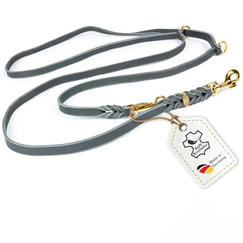 Hundeleine Leder 2,40m mittelgroße Hunde Fettlederleine [3-Fach Verstellbar] Lederleine geflochten – robuste Leine Hund mit Messingbeschlägen – Führleine Hund & Freihandleine – Dog Leash Grau 12mm