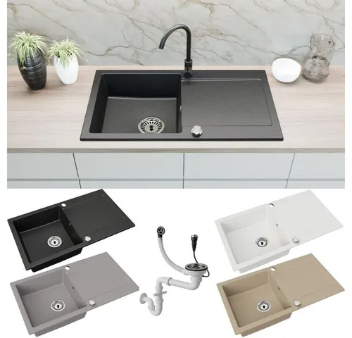 Faizee Home Granitspüle 90x50 cm - Reversible Montage mit Abtropffläche - Spülen – Robuste Granitspüle mit 80% Quarz, hitzebeständig bis 280°C und flexibel montierbar. Ideal für jede Küchenzeile!