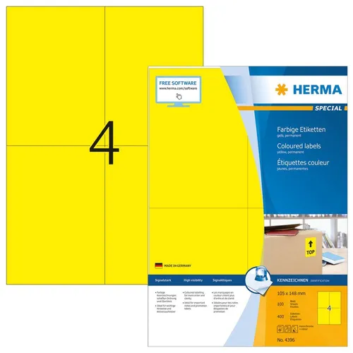 HERMA Etiketten 4396 gelb 105,0 x 148,0 mm - Vielzweck-Etiketten in auffälligem Gelb, ideal für eine klare Signalwirkung und vielseitige Anwendungen. Hergestellt in Deutschland.