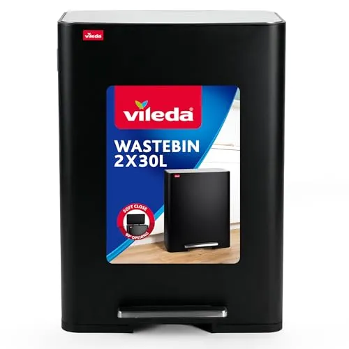 Vileda Mülleimer 60L Edelstahl schwarz mit 2x 30L Fächern - Eleganter Edelstahl-Treteimer in Schwarz mit zwei getrennten 30-Liter-Fächern zur einfachen Abfalltrennung. Der Soft-Close-Mechanismus sorgt für leises Schließen, während das Fußpedal ein hygienisches Öffnen ermöglicht.