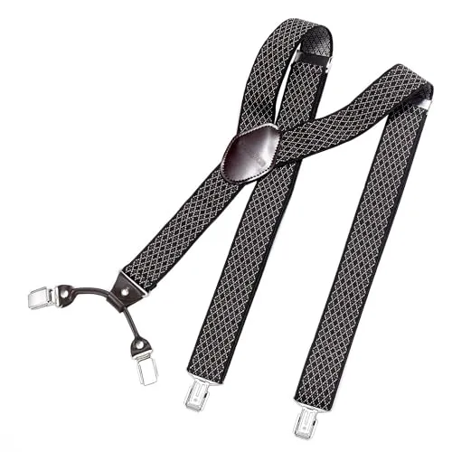 DonDon Hosenträger Herren extra stark kariert schwarz-braun 3,5 cm Hosenträger Herren breit mit brauem Leder in Y-Form lang - Starke Clips passend für Anzug Jeans Chinos Vintage Rockabilly Suspenders