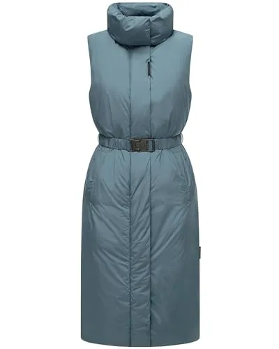 Navahoo Damen ärmellose lange Outdoorweste warme Winterjacke mit Taillengürtel und Magnet-Flap Abendlied XIV Dusty Blue Gr. M