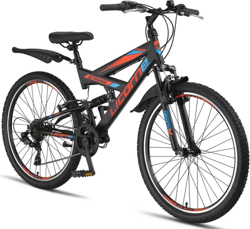 Licorne Bike Strong V Premium Mountainbike 24/26 Zoll - Kinderfahrrad in Schwarz/Blau/Orange, ideal für Abenteuer außerhalb der StVZO, mit einer Tragkraft von bis zu 95 kg.
