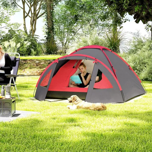 Campingzelt mit Vordach Tür Fenster Wasserdicht Familienzelt Kuppelzelt für 2 Personen Camping Reise Trekking Garten Grau