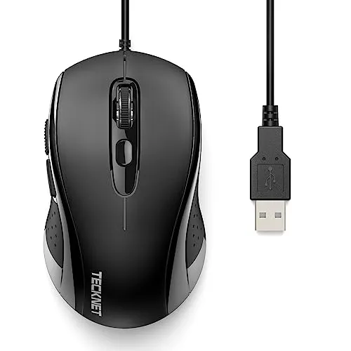 TECKNET Maus mit Kabel, 6400DPI Optical Business Mouse Ergonomische Kabelgebundene Maus mit 6 Tasten, 4 Verstellbare DPI Level, USB-Plug & Play, für Laptop/PC/Mac - Schwarz