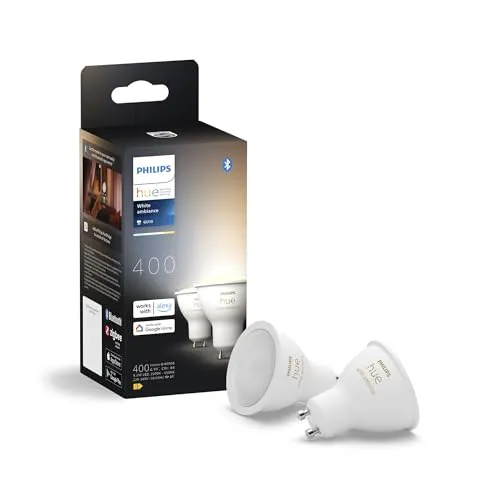 Philips Hue White GU10 LED Spot 2er Pack - WLAN-Lampen mit warm- bis kaltweißem Licht und ultra-niedriger Dimmbarkeit, ideal für energieeffiziente Smart Homes und einfache Sprach- oder App-Steuerung.