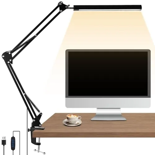 Schreibtischlampe LED klemmbar, 1700LM Augenfreundlich, 3 Farbmodi, 10 Helligkeitsstufen, Lampe Schreibtisch mit Schwenkarm, Bürolampe mit Speicher, Nachttischlampe, Lesen, Arbeiten, Computertisch
