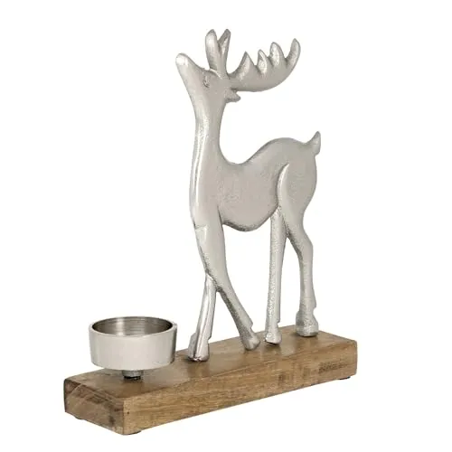 EGLO LIVING Teelichthalter mit Deko Rentier Baliguian, Weihnachtsdeko Fensterbank Wohnzimmer, Tischdeko Weihnachten Hirsch REH, Holz in Natur und Metall in Silber, 18 x 20 cm