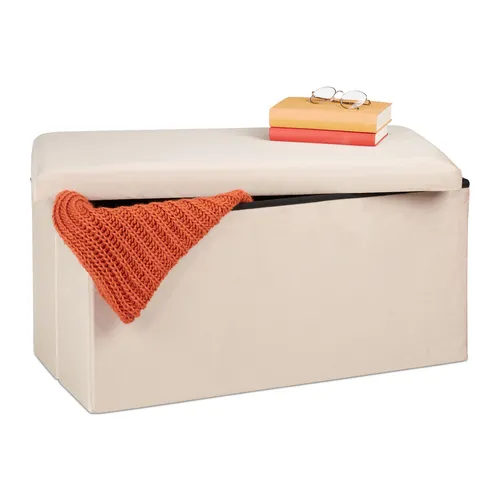 relaxdays Faltbare Samt Sitzbank, Creme - Stauraum & Sitzgelegenheit - Sitzbänke mit Stauraum: Die edle Samt Sitzbank bietet Platz für Decken und Kissen und ist ideal für Wohn- und Schlafzimmer. Mit bequemer Polsterung für 2 Personen und einem Volumen von 80 Litern.