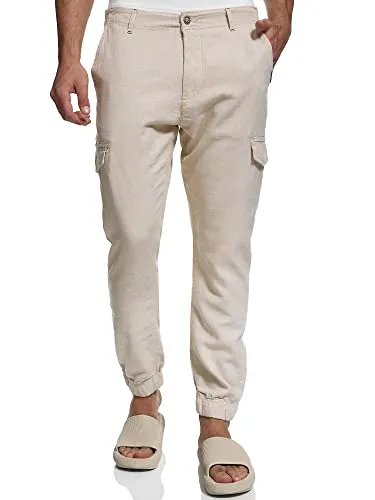 Indicode Herren Booth Cargohose - Wanderhose aus Leinen & Baumwolle mit 6 Taschen, lässigem Cargo-Stil und elastischen Bündchen für eine moderne Passform.