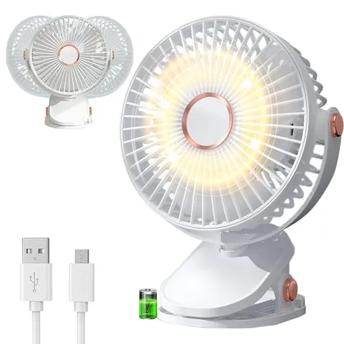 AHYDFSR USB Tischventilator, 360° Drehung Tragbarer Clip Ventilator, 5 Geschwindigkeiten, USB Wiederaufladbarer Kleiner Ventilator mit LED-Lichtern, für den Schreibtisch, Zuhause und Büro, Weiß