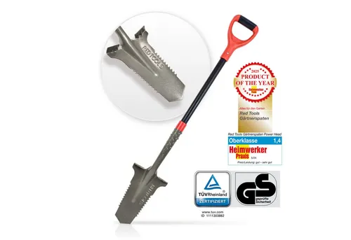 Red Tools Gärtnerspaten Power Head mit Wurzelsäge - Gartenspaten mit 115 cm Länge, ideal für steinige Böden. Integrierte Wurzelsäge und Trittkante für effizientes Arbeiten und weniger Kraftaufwand.