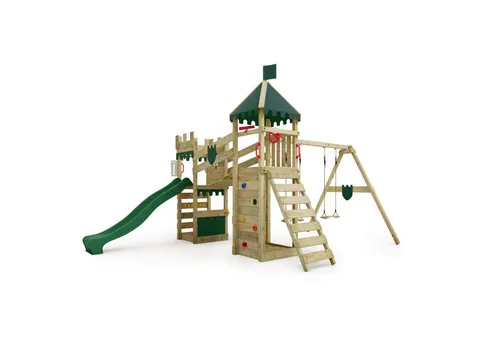 FATMOOSE Spielturm RiverRun Ritterburg-Kletterturm mit Schaukel - Spieltürme, extrem witterungsbeständig mit 10 Jahren Garantie und hochwertigem, kesseldruckimprägniertem Massivholz für Sicherheit und langlebigen Spielspaß.