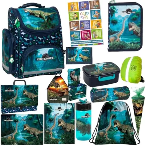 Goldkids Schulranzen Set - Dinosaurier für Jungen und Mädchen - Schultaschen-Set mit hochwertigem Rucksack, ergonomischem Design und praktischem Zubehör wie Federmäppchen und Turnbeutel im Dinosaurier-Motiv – ideal für die 1-3. Klasse.