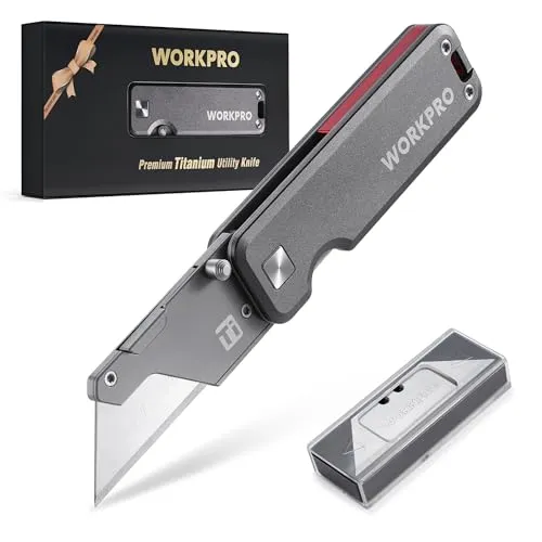 WORKPRO Cuttermesser Universalmesser aus Titan, Klappmesser Teppichmesser mit 10 SK2M Ersatzklingen, Allzweckmesser mit CNC-Unibody, Leichter Aluminiumgriff, Ideal für Haushalt & Alltag