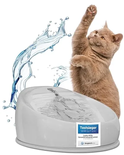 Lucky Kitty Trinkbrunnen für Katze grau - Hygienischer Keramik Katzenbrunnen - Trinkbrunnen für Katzen, handgefertigt aus edler Keramik, fördert die Trinkfreude durch fließendes Wasser und ist energiesparend sowie leise im Betrieb.