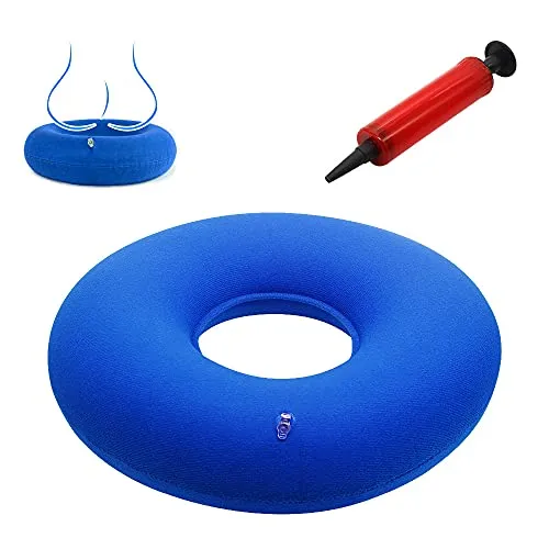 KUIRUNRX® Aufblasbares Sitzkissen, Hämorrhoiden Sitzkisse Aufblasbar, Dekubitus-Kissen rund Aufblasbares Kissen Weich Sitzring mit Pumpe für Bettwunden 35CM (Blau)