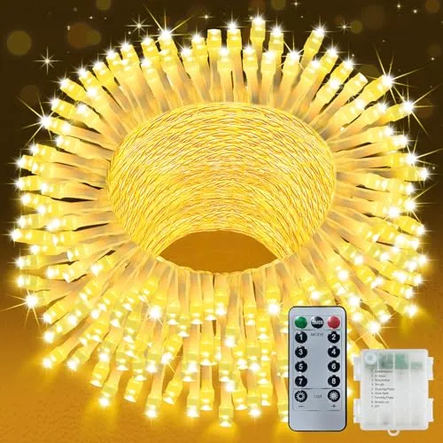 YIFMOO Lichterkette Außen Batterie, 10M 100LED Weihnachtsbeleuchtung mit Timer/Fernbedienung, 8 Modi Warmweiß Lichterkette Innen, Wasserdicht Lichterketten für Zimmer Party Balkon Weihnachtsbaum Deko