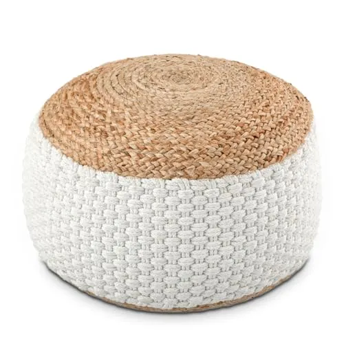 Amagohome Sitzhocker - Rundes Jute Bodenkissen - Sitzhocker in rundem Design aus 100% Baumwolle und Natur-Jute, handgefertigt und ideal als dekorativer Fußhocker oder Bodenkissen.