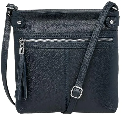 Caspar mittelgroße Leder Crossbody Messenger Bag Umhängetasche klassisch sportliche Damen Tasche - CLASSIC LINE - Modell No.825 - Made in Italy, Farbe:dunkelblau