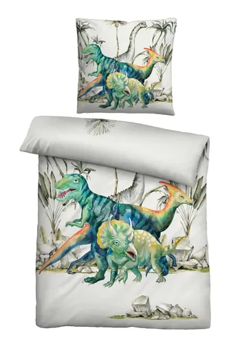 Biberna Linon Kinder-Bettwäsche 'Dino' 135 x 200 cm - Bettwäsche für Kinder im Dino-Design, 2-teilig, aus hochwertiger Baumwolle, 60° waschbar und trocknergeeignet, ideal für ein modernes Schlafzimmer.