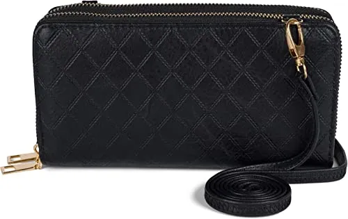 styleBREAKER Damen 2 in 1 Mini Bag Umhängetasche mit Rauten Prägung, Geldbörse, Handytasche, Schultertasche 02012379, Farbe:Schwarz