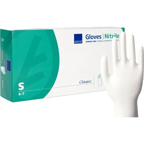 Nitrilhandschuhe Abena weiß S Gr. 7, puderfreie, unsterile Nitrilhandschuhe, 100 Stück/Box 1999912583/290611