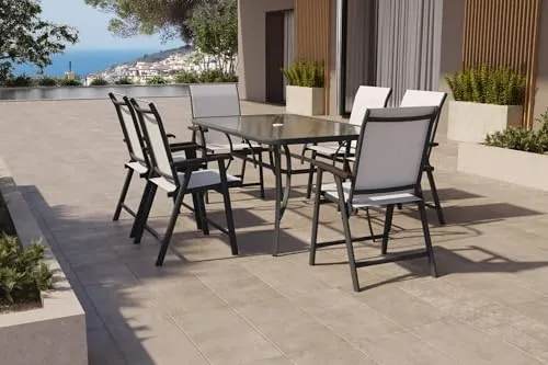 Villana Garten-Essgruppe mit 6 Klappstühlen, schwarz, Stahl/Textilene, Esstisch 150 x 90 cm