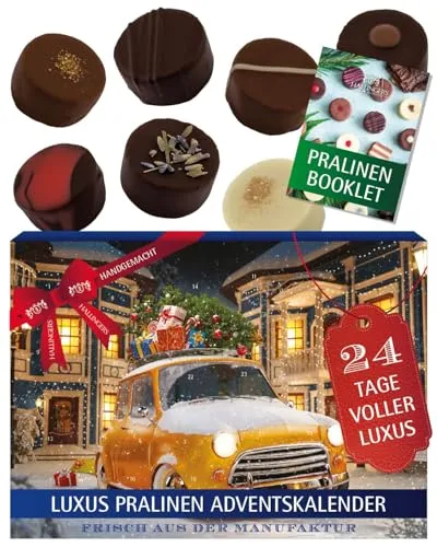 Hallingers Genuss Manufaktur Pralinen Adventskalender mit & ohne Alkohol – 24 handgemachte Premium Schoko Pralinen aus Edelkako - Süßigkeiten Geschenk Familie Erwachsene - Weihnachtskalender 2025