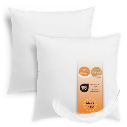 sleepling 2er Set Kissen 50x50 cm, Federkissen, Kissenfüllung Federn, PoIster, Inlett, Füllkissen, Innenkissen, 100% Baumwolle, Downpass, Made in EU, 60 Grad waschbar