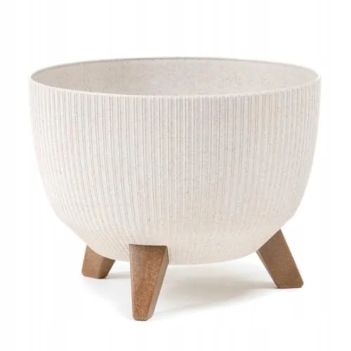 HowHomely Deko Blumentopf mit 3 Beinen Hoch 23 cm - Weiß-Braun Blumenübertopf - Langlebige und Leichte Übertopf 30 cm Durchmesser für Wohnzimmer Garten oder Terrasse