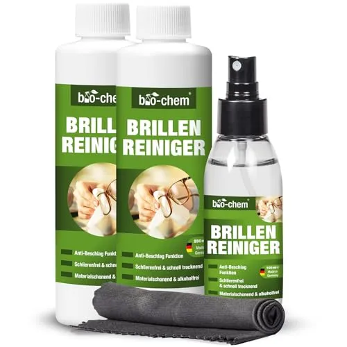 bio-chem Brillenreiniger Set – 100 ml + 2x 250 ml für klare Sicht - Fensterputzmittel: Effektiver, alkoholfreier Brillenreiniger für alle Gläser, antistatisch und geruchsneutral, inklusive hochwertigem Mikrofasertuch.
